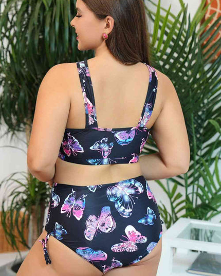 Plus Size Butterfly Print Crisscross High Waist Two-Piece Swim Set