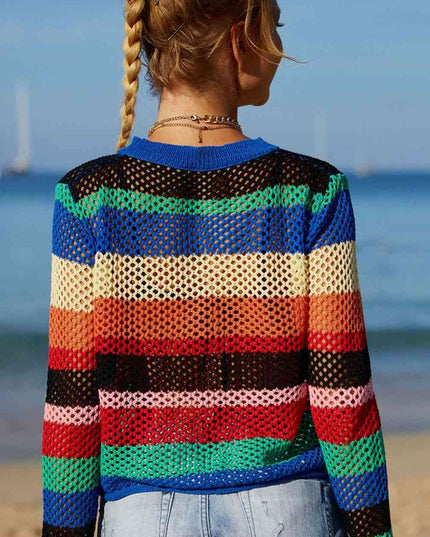 Rainbow Stripe Openwork Long Sleeve Cover-Up
