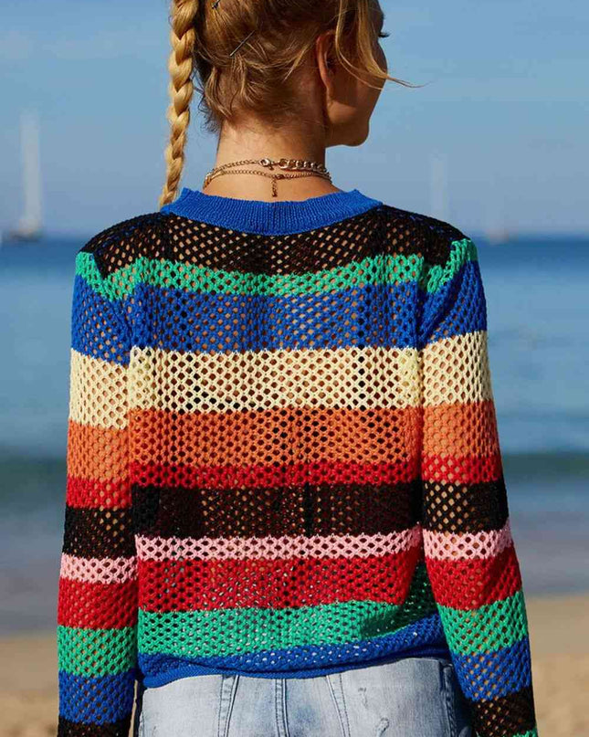 Rainbow Stripe Openwork Long Sleeve Cover-Up