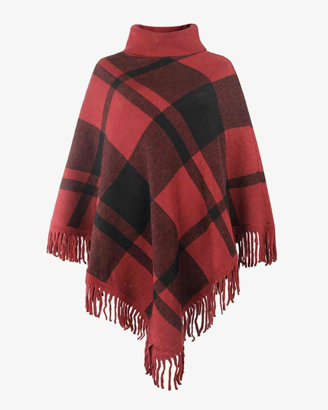 Plaid Turtleneck Fringe Hem Poncho