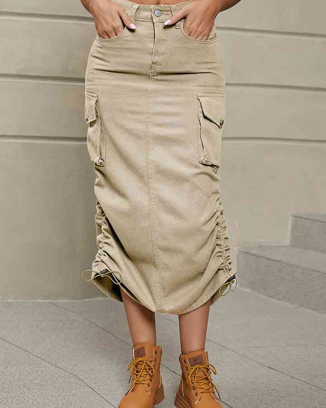 Drawstring Denim Skirt with Pockets
