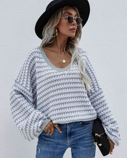 Striped Drop Shoulder V-Neck Pullover Sweater