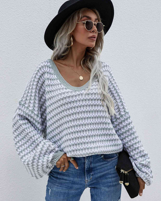 Striped Drop Shoulder V-Neck Pullover Sweater
