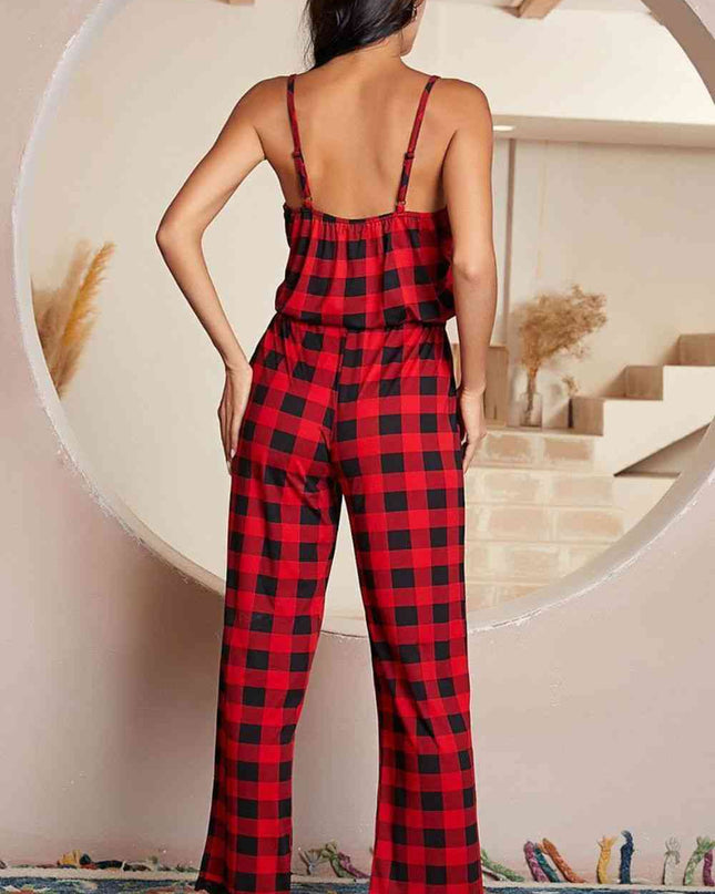 Plaid Lace Trim Spaghetti Strap Jumpsuit