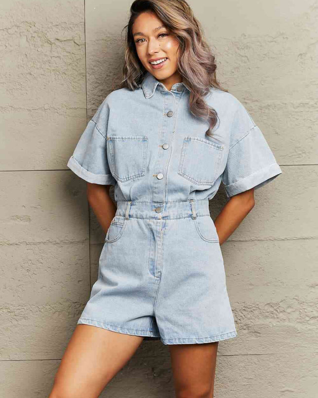 Collared Neck Denim Romper with Pockets