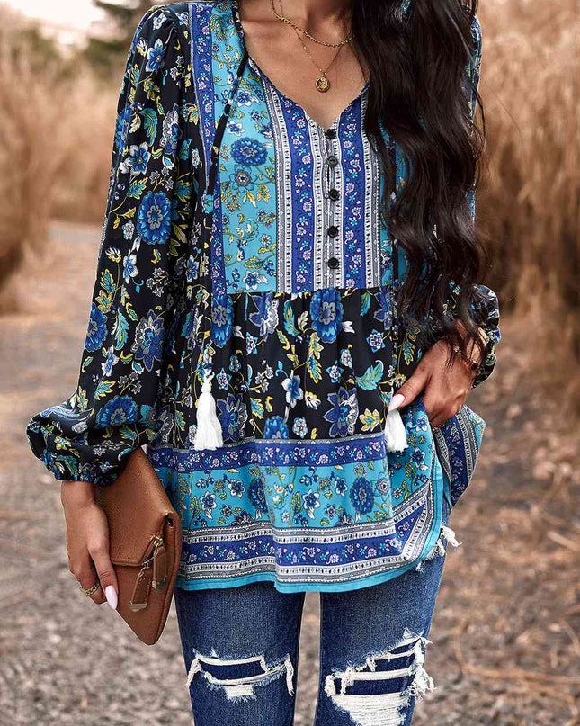 Tassel Tie Long Sleeve Peplum Blouse