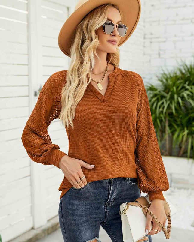 Waffle-Knit Spliced Lace Notched Top