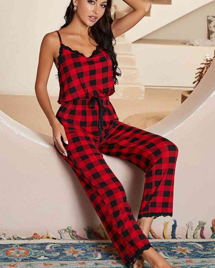 Plaid Lace Trim Spaghetti Strap Jumpsuit