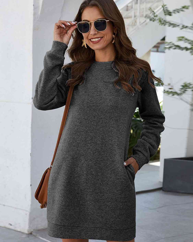 Round Neck Long Sleeve Mini Dress with Pockets