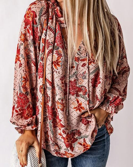 Floral Tie Neck Flounce Sleeve Blouse