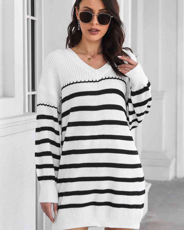 Striped V-Neck Drop Shulder Sweater Dress