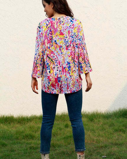 Plus Size Printed Notched Long Sleeve Blouse