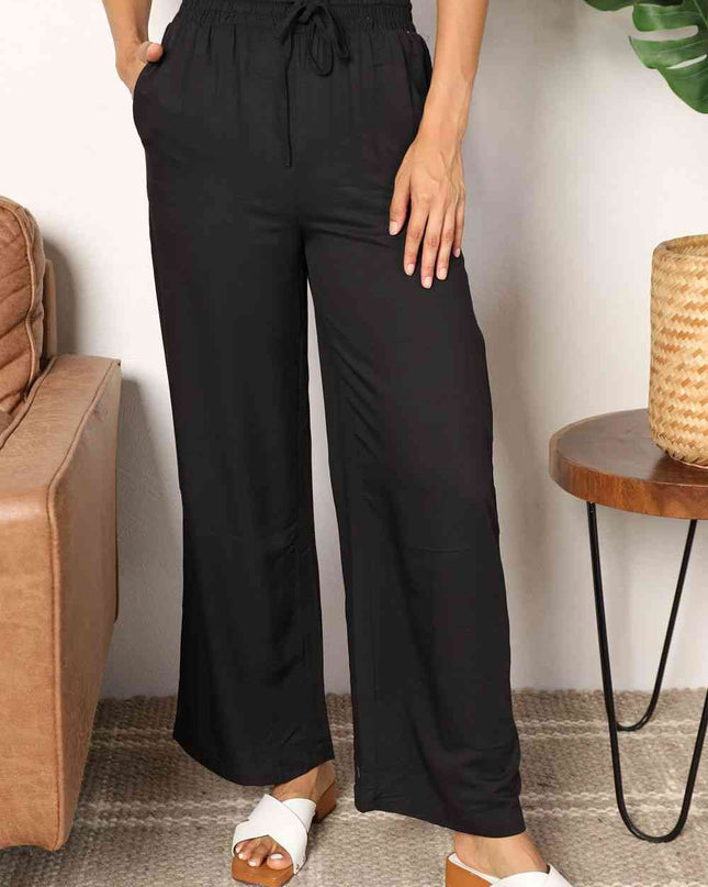 Double Take Drawstring Smocked Waist Wide Leg Pants
