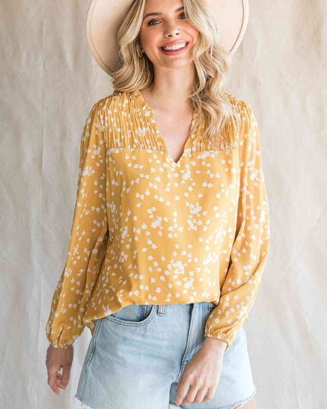 Double Take Printed Notched Neck Smocked Blouse