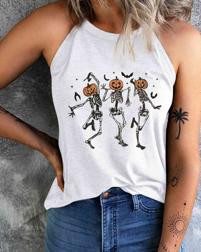Round Neck Dancing Pumpkin Head Skeleton Graphic Tank