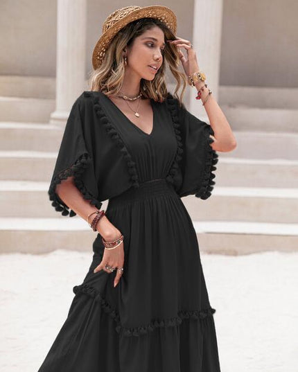 Tassel Trim Smocked V-Neck Short Sleeve Dress