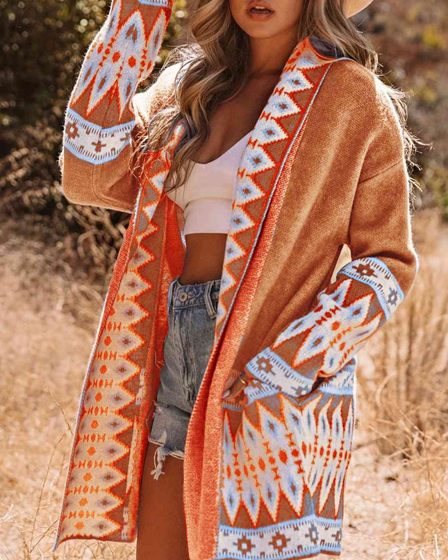 Plus Size Geometric  Open Front Cardigan with Pockets