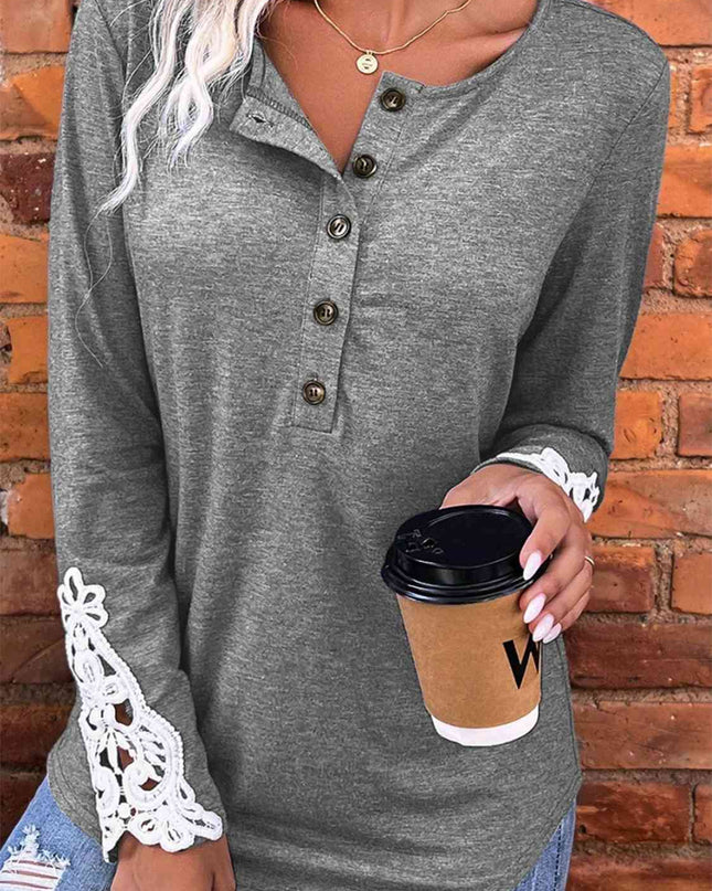 Half Button Lace Detail T-Shirt