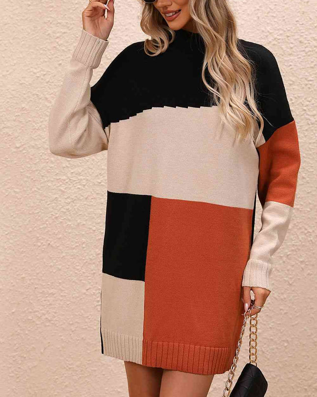Color Block Mock Neck Dropped Shoulder Sweater Dress