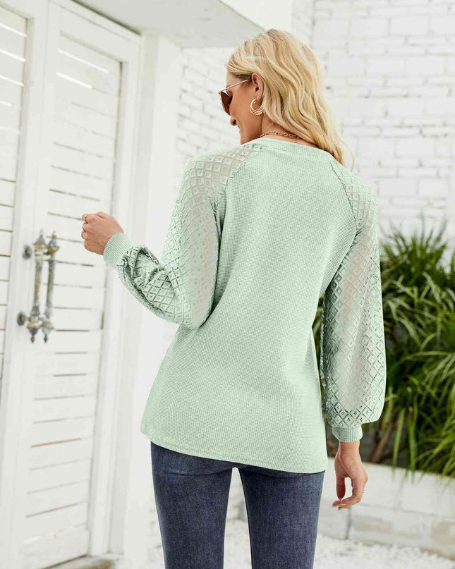 Waffle-Knit Spliced Lace Notched Top