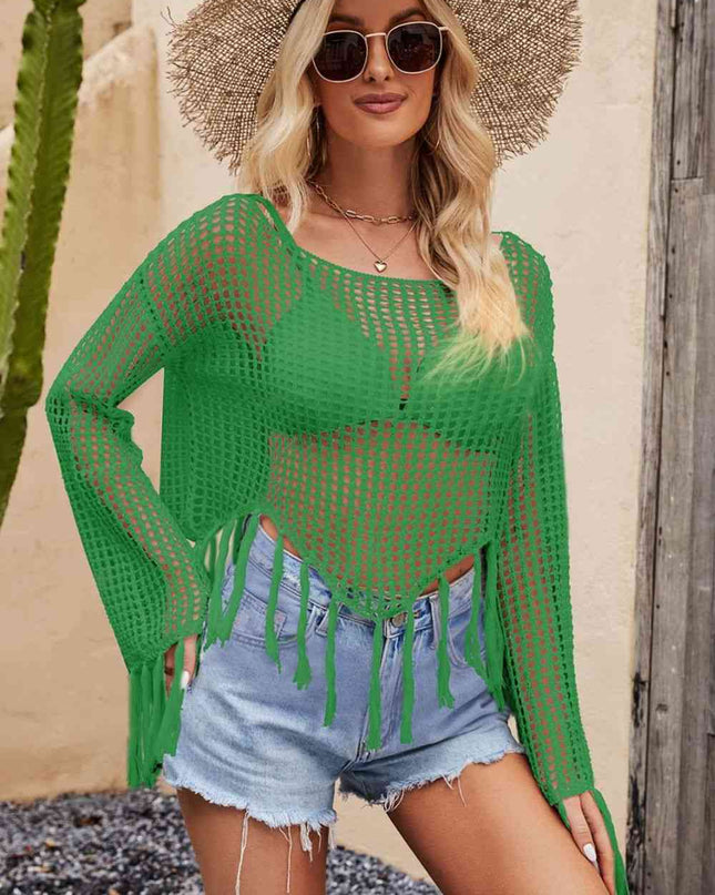 Tassel Hem Openwork Long Sleeve Cover Up