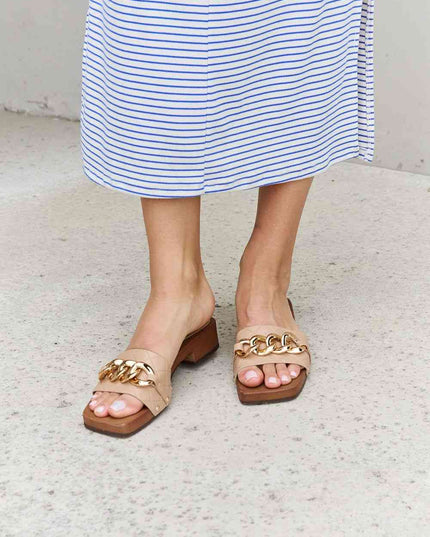 Forever Link Square Toe Chain Detail Clog Sandal in Tan