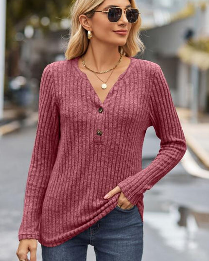 Ribbed Half Button Long Sleeve Knit Top