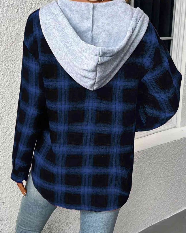Plaid Drawstring Button Up Hooded Jacket