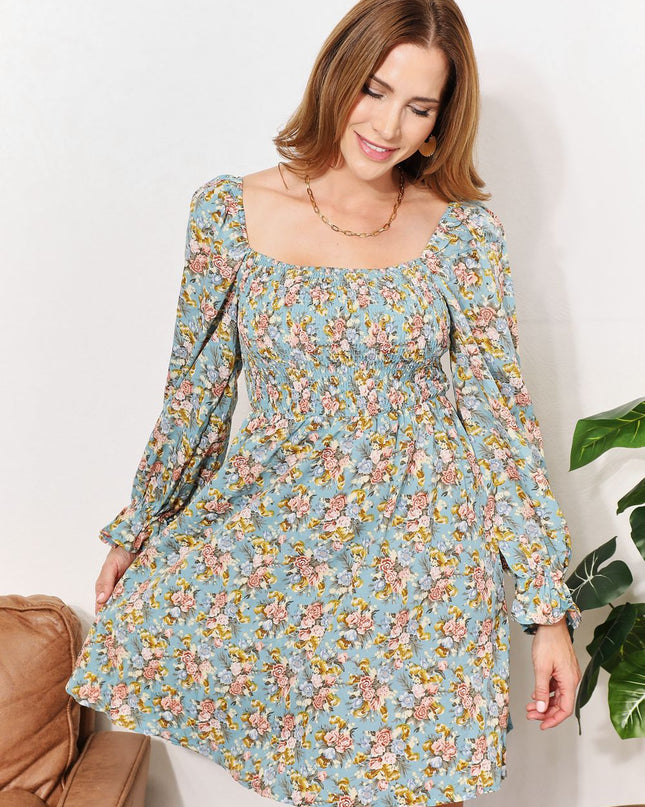 Double Take Floral Smocked Flounce Sleeve Square Neck Dress
