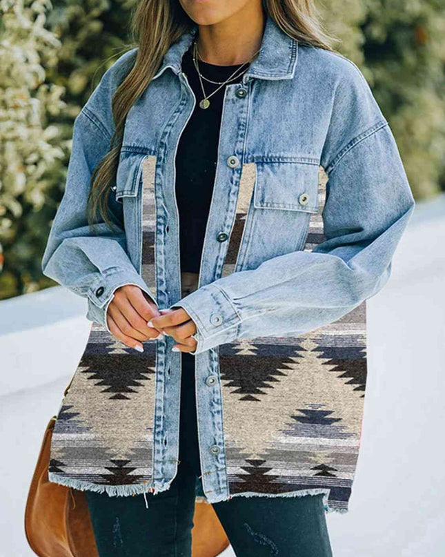 Collared Neck Dropped Shoulder Denim Jacket