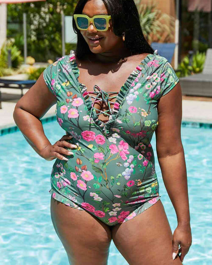 Marina West Swim Bring Me Flowers V-Neck One Piece Swimsuit In Sage