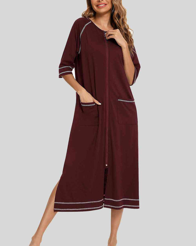 Zip Up Slit Round Neck Night Dress with Pockets
