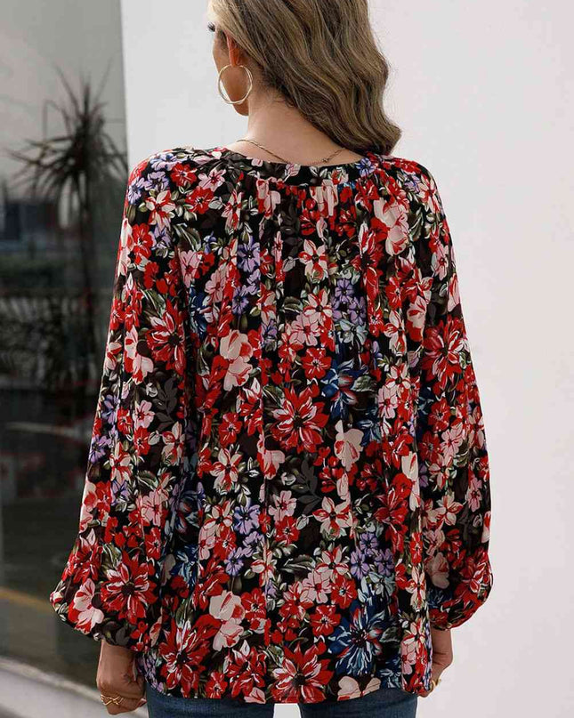 Floral Print Balloon Sleeve Ruched Blouse