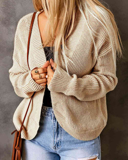 Open Front Drop Shoulder Rib-Knit Cardigan