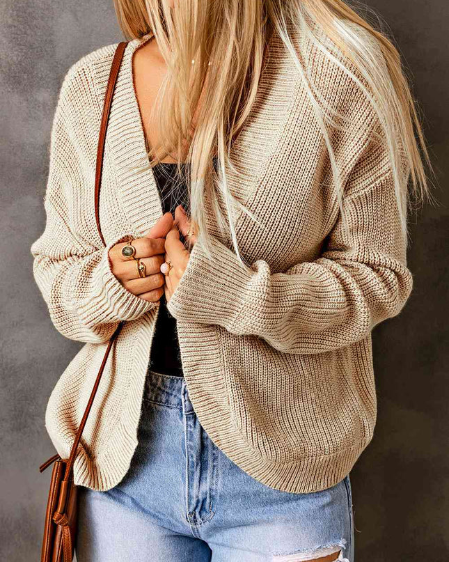 Open Front Drop Shoulder Rib-Knit Cardigan