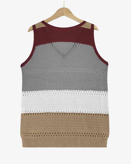 Striped Openwork V-Neck Knit Tank