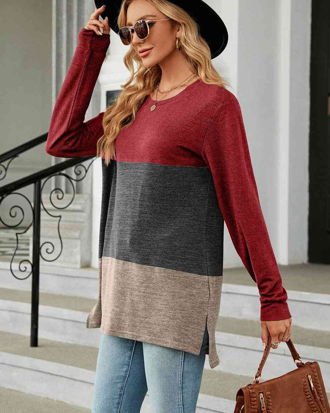 Color Block Round Neck Long Sleeve Slit T-Shirt