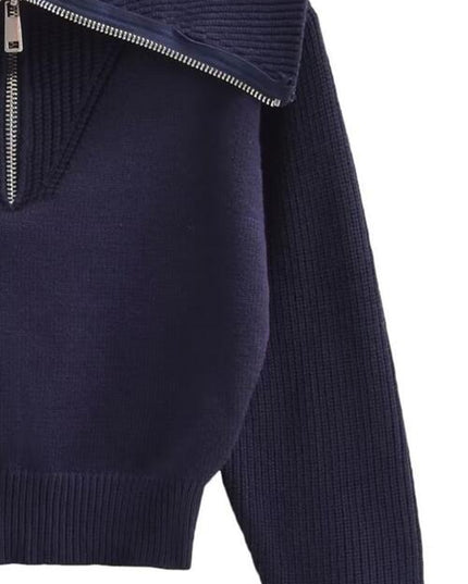 Half Zip Ribbed Collared Neck Knit Top
