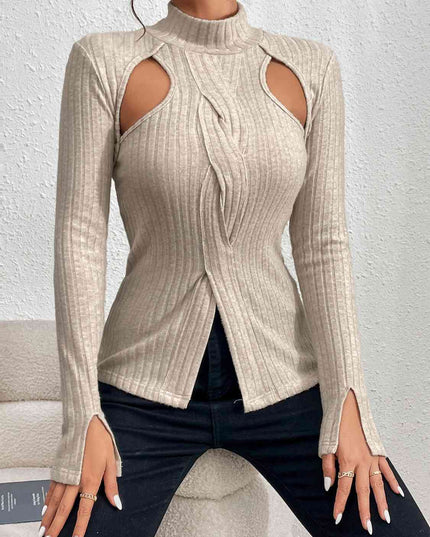 Cutout Mock Neck Long Sleeve Blouses