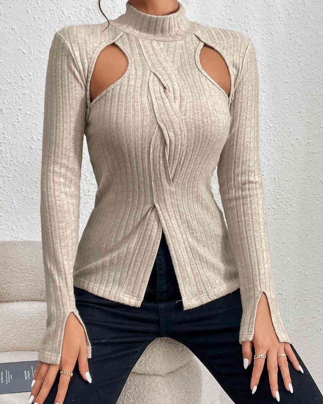 Cutout Mock Neck Long Sleeve Blouses