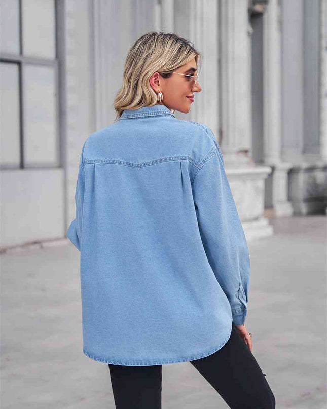 Collared Neck Dropped Shoulder Denim Top