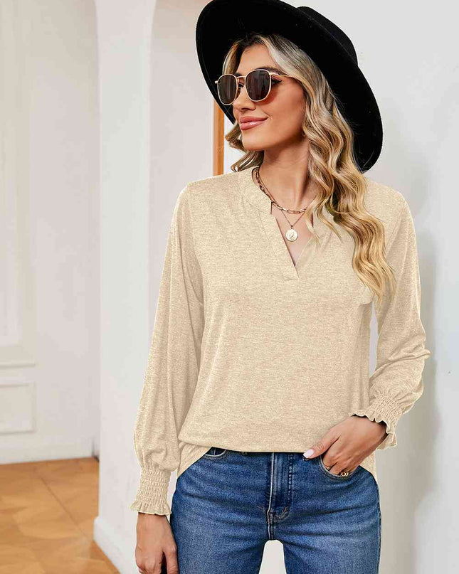 Notched Neck Long Sleeve Blouse