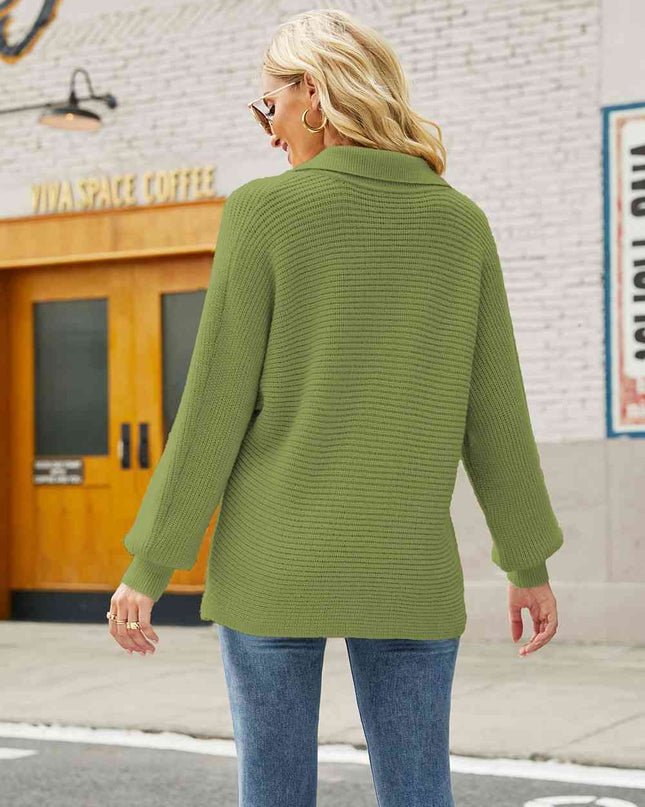Double Take Horizontal Ribbing Johnny Collar Sweater
