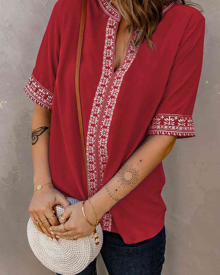 Embroidered V-Neck Top