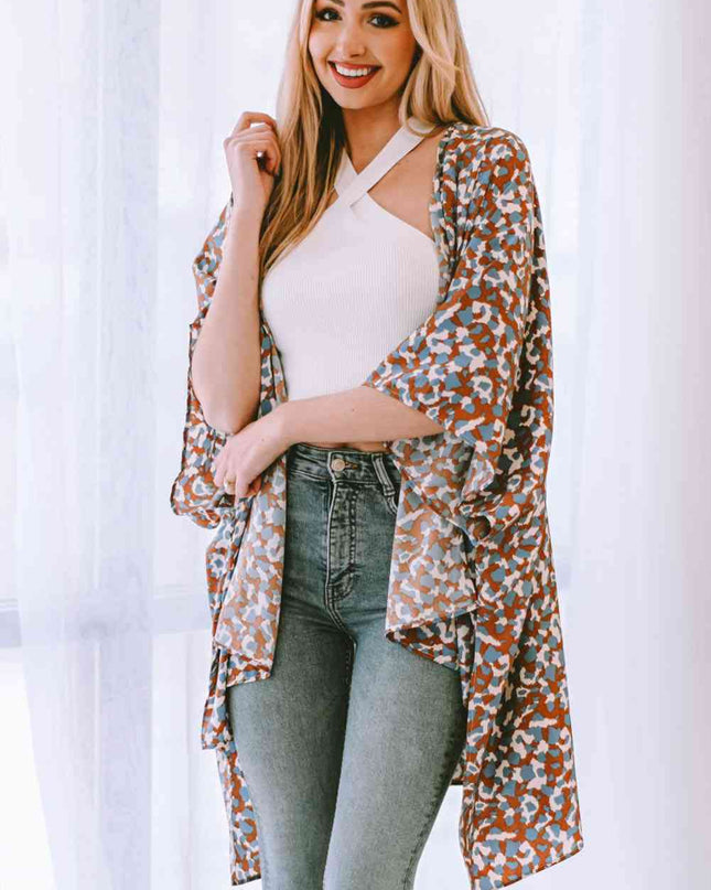 Printed Open Front Three-Quarter Sleeve Cover Up