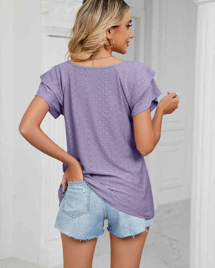 Eyelet Layered Flutter Sleeve V-Neck Knit Top