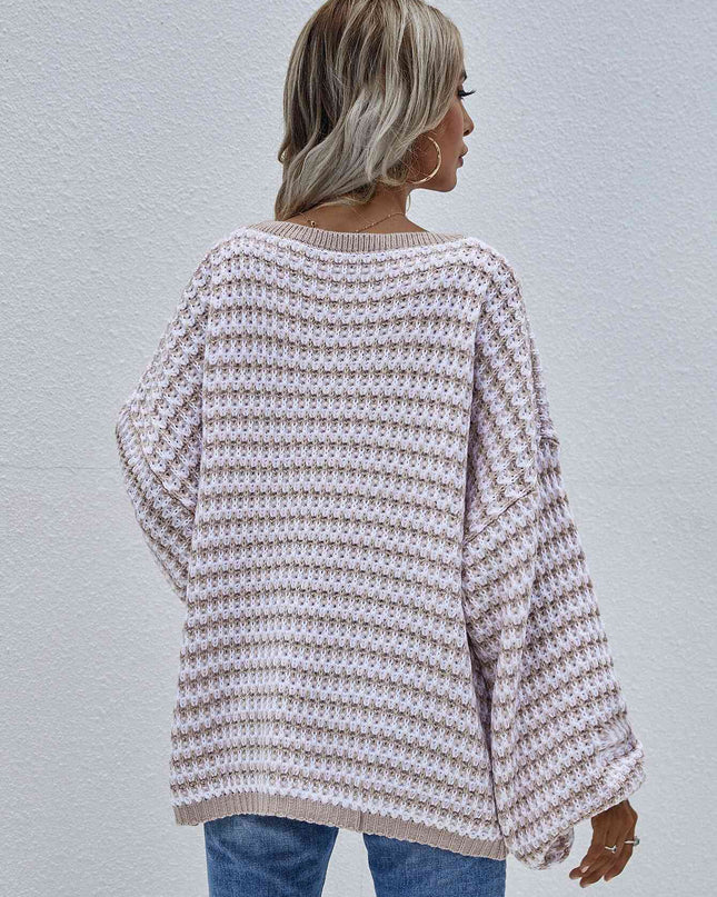 Striped Drop Shoulder V-Neck Pullover Sweater