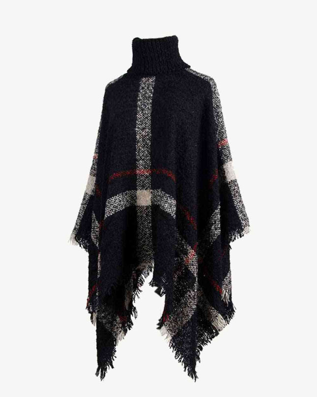 Plaid Turtleneck Raw Hem Poncho