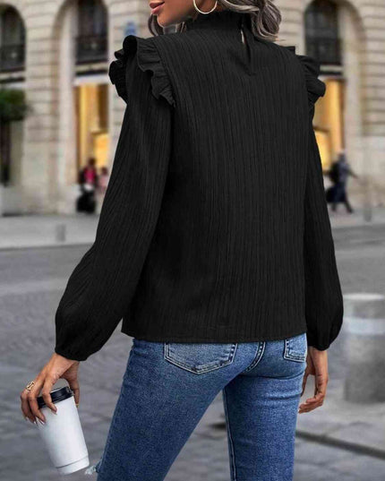 Mock Neck Ruffle Shoulder Blouse