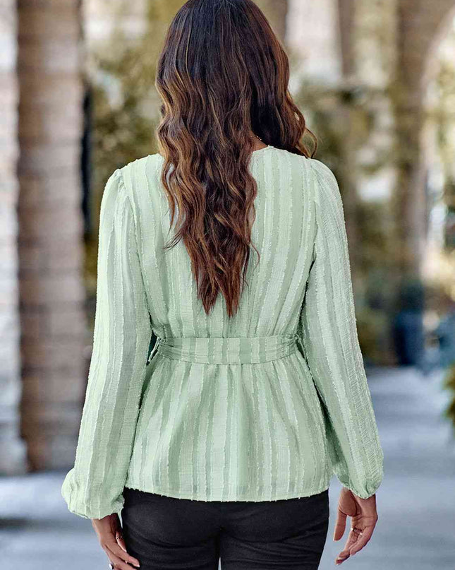 V-Neck Tie Waist Long Sleeve Blouse
